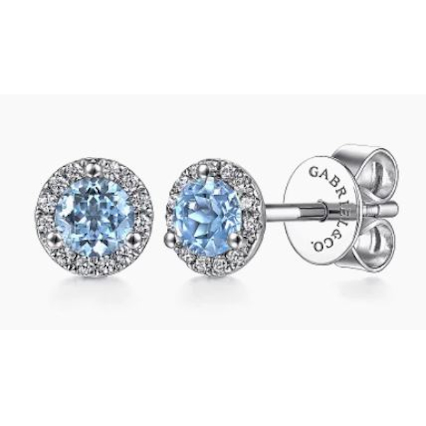 14K White Gold Diamond Halo Swiss Blue Topaz Stud Earrings